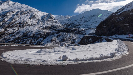 View of the Snow  Transfagarasan Highway Mountain Road in sunny day, Carpathians, Romania