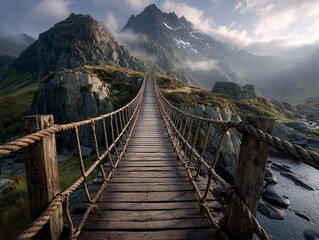 Obraz premium a narrow wooden bridge with rope railings, stretching across a rugged rocky terrain. In the background, misty mountains rise