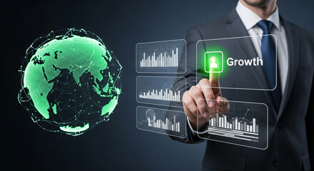 Businessman touching virtual panel displaying graph and glowing globe, signifying progress, strategy, and global business expansion, high-tech concept