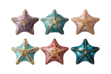Obraz premium Six decorative starfish ornaments in pastel and jewel tones showcasing intricate textures and designs on a black canvas isolated on transparent background