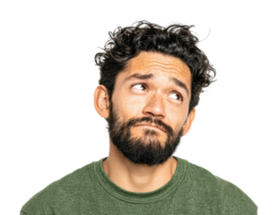Contemplative man with curly hair portrait isolated on transparent background