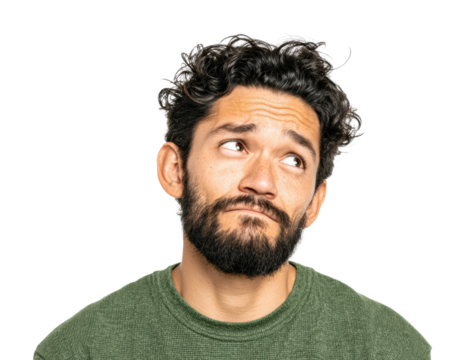 Contemplative man with curly hair portrait isolated on transparent background