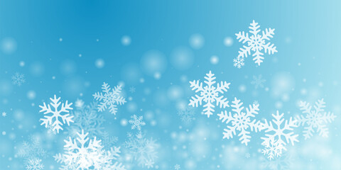Random falling snow flakes composition. Winter dust freeze particles. Snowfall sky white teal blue wallpaper. Bokeh snowflakes christmas theme. Snow hurricane landscape.