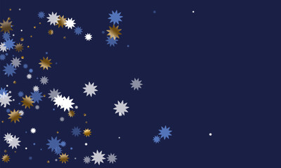 Fototapeta premium Simple Christmas star vector scatter illustration. Gold blue white shiny confetti. Poster stardust pattern. Christmas star doodle glitter. Crystal magic explosion.