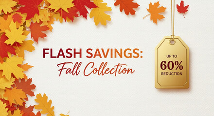 Promotional image with autumnal leaves and text "Flash Savings: Fall Collection". Golden tag with discount, representing retail promotion event