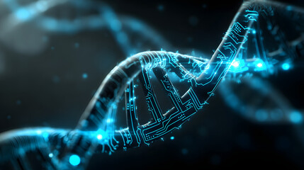 Digital DNA helix illuminated with blue circuitry and glowing particles.