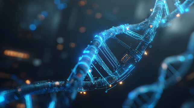 Glowing blue digital dna helix structure with bokeh lights.