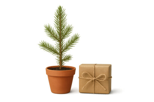 Small christmas tree in terracotta pot with festive gift box, celebrating winter holidays and seasonal cheer