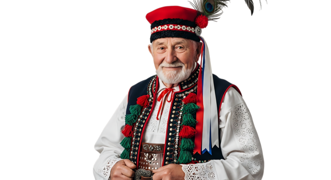 Senior man in traditional polish highlander costume isolated on transparent background