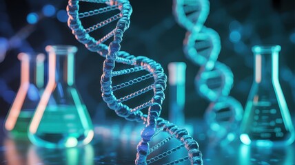 Dna helix and laboratory glassware representing biotechnology research and genetic science in medicine