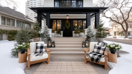 Fototapeta premium Welcoming winter entrance with cozy seating, greenery, and lanterns in a quiet neighborhood at dusk