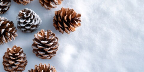 Pine cones covered in snow creating winter holiday background