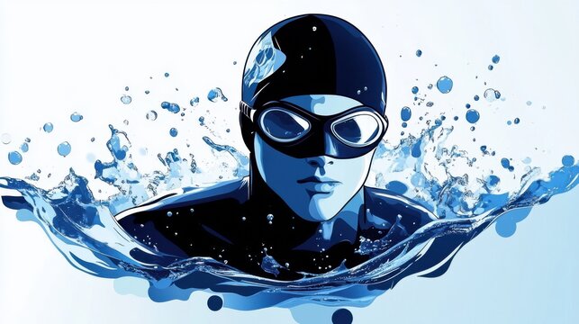 A swimmer emerges from the water, wearing a cap and goggles, in a blue illustration - Powered by Adobe