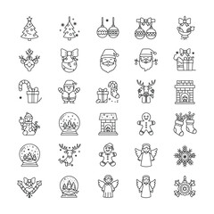 Christmas Icons Line Art Set holiday tree santa reindeer angel ornament gift fireplace snow globe gingerbread man snowflake stocking