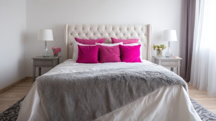 kingsize bed in bright bedroom with pink accessories no logos no brands ar 169