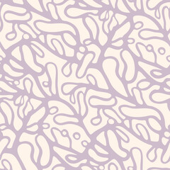 Fototapeta premium Vector abstract seamless pattern. Funky groovy texture with organic shapes, botanical elements, cellular structures, liquid lines. Simple background in lilac and white color. All-over design for print