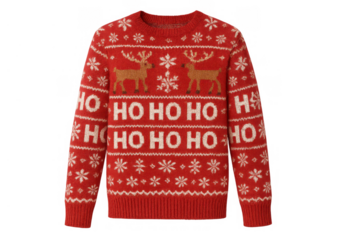 Red christmas sweater with reindeer and ho ho ho text pattern, celebrating holiday season, transparent background