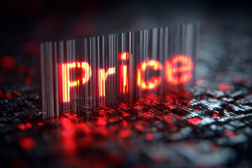 Glowing white 3D rendering of the word "Price" floating above a dark, abstract digital screen showing dynamic, volatile financial bar charts and data points in orange and blue.