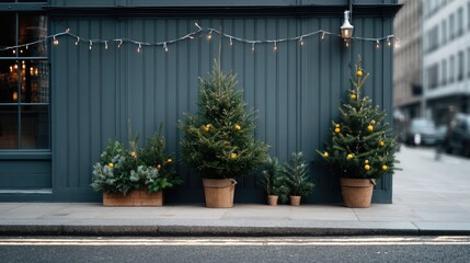 Decorative Christmas trees lined up against a stylish urban building during the holiday season