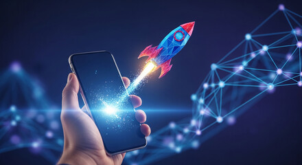 Human hand holding smartphone with digital rocket launching, representing technological advancement, innovation and a fast growing business concept