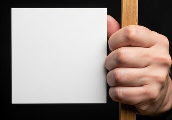 Hand holding blank white sign on stick for protest message or announcement placeholder