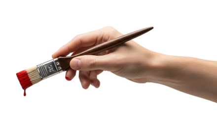 A hand holding a paintbrush with red paint dripping against a black background in a close up shot