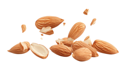 Almonds scattered in motion isolated on a transparent background