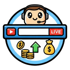 Youtuber streaming with headset, live bar, money bag, coin stack, income growth, cheerful, digital icon style
