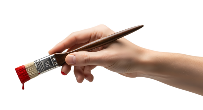 A hand holding a paintbrush with red paint dripping against a black background in a close up shot