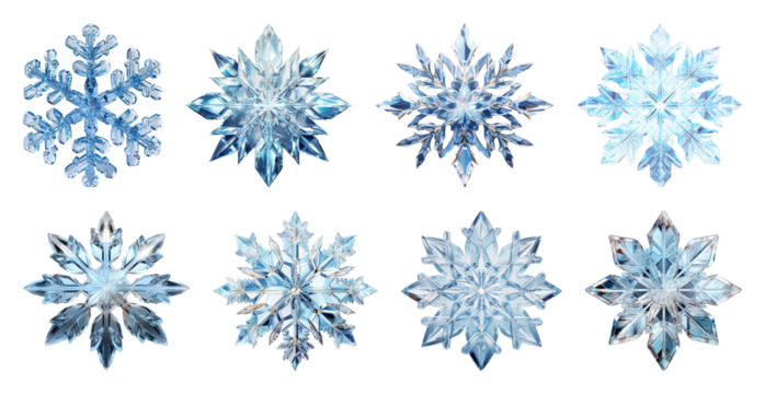 PNG Intricate crystalline snowflake designs, element set on transparent background