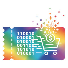 Digital coupon code shopping cart icon binary code rainbow gradient ecommerce discount voucher savings pixel sparkle colorful ticket fintech