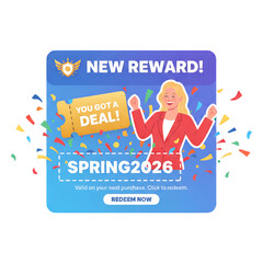 New reward coupon discount promo voucher code confetti celebration woman cheerful Valid next purchase, click to redeem, bright gradient banner