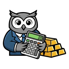 Owl mascot in business suit holding calculator and gold bars, symbolizing financial analysis and investment success