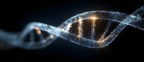 Glowing particle DNA strand with bright golden light on black background.