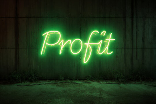 The word 'Profit' written in bright green neon script on a dark, rough concrete wall in an urban setting. Abstract financial concept.