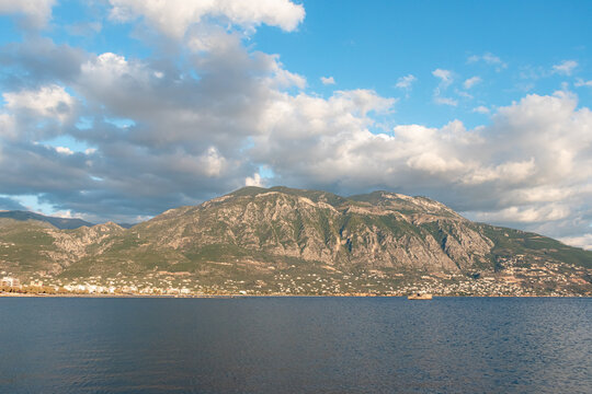 View of Taygetus Mountains seen from Kalamata Port waterfront in Peloponnese, Greece