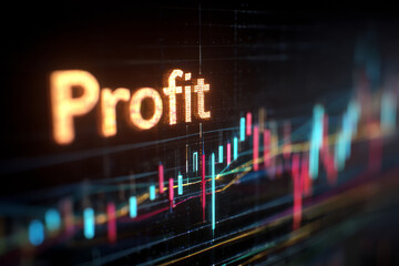 The word 'Profit' displayed on a screen overlaying a vibrant, abstract, up-trending stock market or financial candlestick chart.