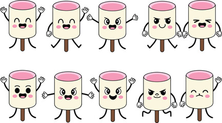 Cute pink marshmallow characters, funny cartoon expressions, adorable kawaii dessert vector illustration