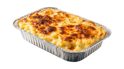 Baked Macaroni and Cheese in Foil Pan isolated on a transparent background