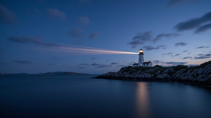 Historic White Lighthouse Guiding Light Beam at Dusk on a Rocky Coastline with a Dark Blue Ocean and Dramatic Sky for Travel Brochures, Financial Guidance, and Nautical Themes