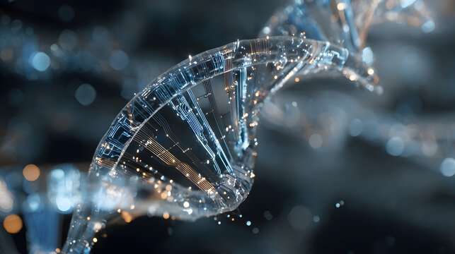 Illuminated digital DNA helix glows with scientific research and data.