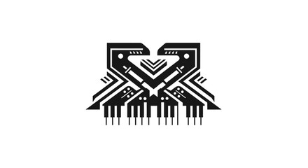 Abstract black and white logo featuring two stylized birds facing each other above a piano keyboard.