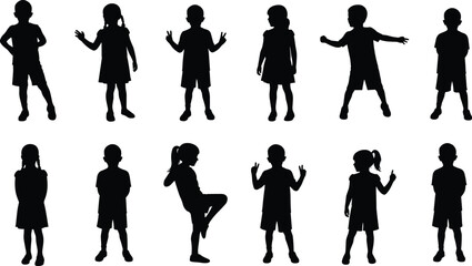 Silhouette of children in different standing and playful poses, kids vector illustration, child body posture collection for design
