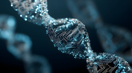 Digital helix with glowing circuits symbolizes scientific innovation.
