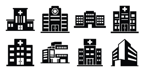 medical building minimal silhouette vector icon set