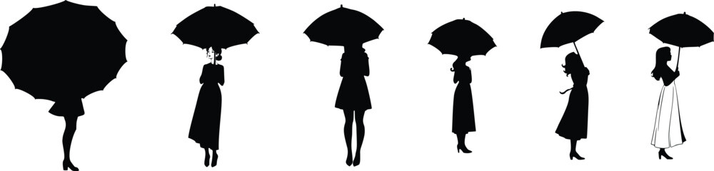 Silhouettes of women holding umbrellas in different sizes and styles, black isolated on transparent background