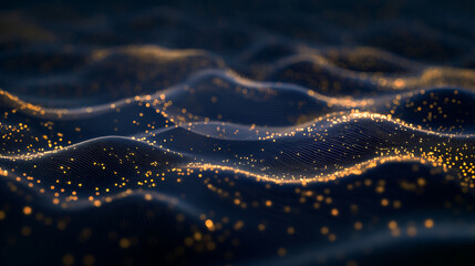 Abstract Glittering Waves: An immersive close-up of flowing, ethereal waves, with a captivating display of shimmering golden particles dancing across the fluid forms, evoking a sense of cosmic beauty.
