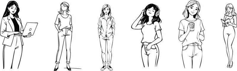 Collection of diverse women in various poses and attire, black and white line art isolated on transparent background