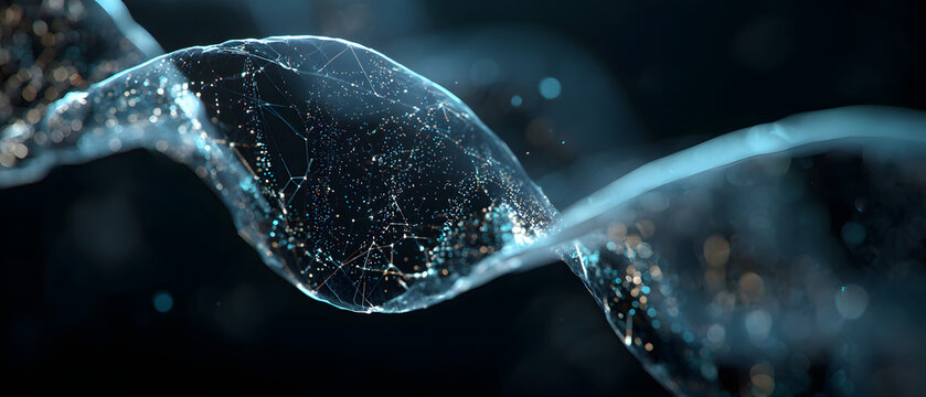 Abstract DNA strand with glowing digital nodes and connections.