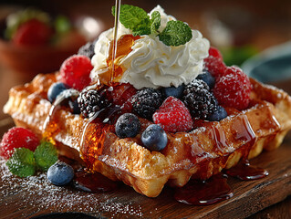 dessert consisting of a waffle topped with whipped cream, fresh berries, syrup, and a dusting of powdered sugar. The waffle appears to be a classic Belgian style